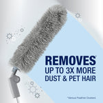 Close-up of gray Bona reusable duster head angled against blue background with text claiming it removes up to 3X more dust and pet hair.