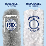 Graphic comparison of Bona reusable grey duster and white disposable duster with washable and convenient icons