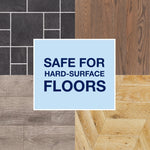 Graphic panel showing four types of hard-surface floors with a center badge reading safe for hard-surface floors