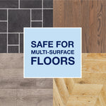 Graphic square showing different floor types with text indicating safe for multi-surface floors