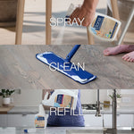 Three-pane lifestyle graphic showing Bona spray, mop cleaning and refill bottle to illustrate cleaning steps