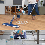 Triptych lifestyle image showing spray, mop on hardwood floor, and a refill bottle with the words 'SPRAY CLEAN REFILL' overlaid