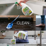 Three horizontal panels showing Bona spray in use, mop cleaning a dark tile floor, and pouring a refill