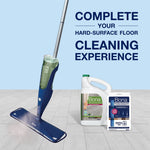 Bona spray mop displayed with a jug of Bona cleaner and package of microfiber pads against a blue background promoting complete cleaning