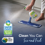 Hand spraying Bona floor cleaner onto tile floor beside a Bona mop, with Safer Choice and biobased certification badges