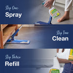 Three-step instructional banner showing spray, clean with a mop, and refill steps using Bona floor cleaner
