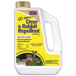 White plastic jug of Bonide Go Away! Deer & Rabbit Repellent granules with yellow label and deer illustration