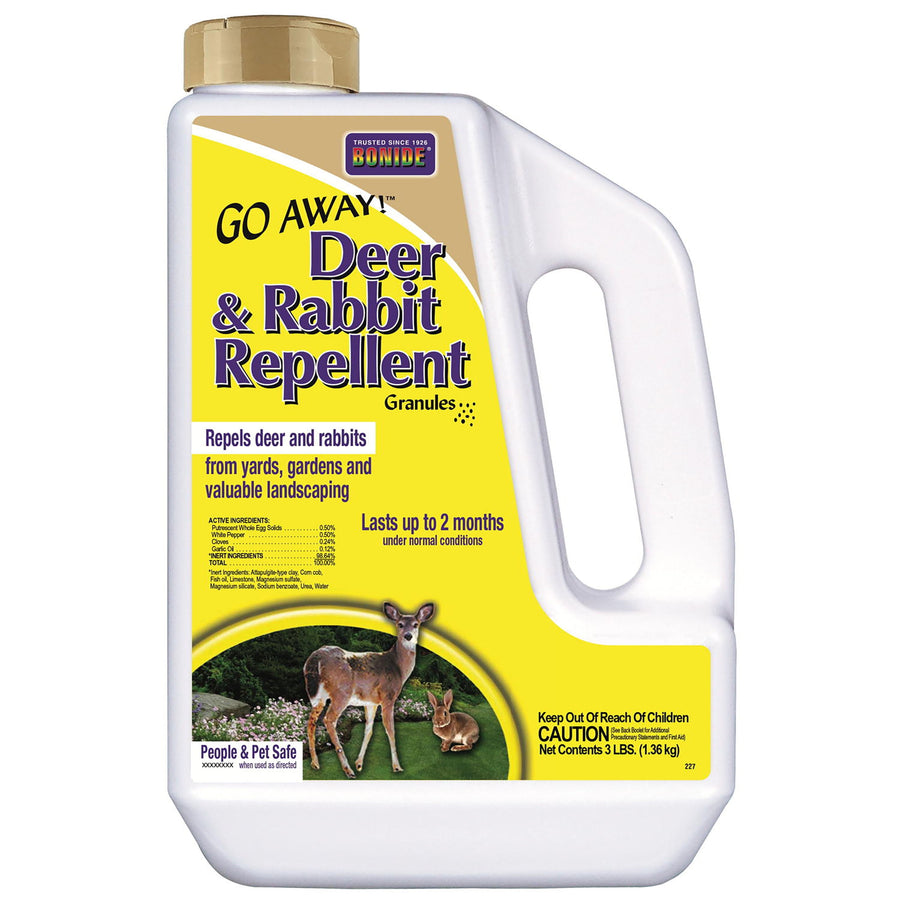 White plastic jug of Bonide Go Away! Deer & Rabbit Repellent granules with yellow label and deer illustration