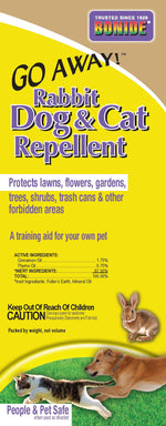 Close-up of Bonide Go Away! product label showing brand name, 'Rabbit Dog & Cat Repellent' headline and small animal images