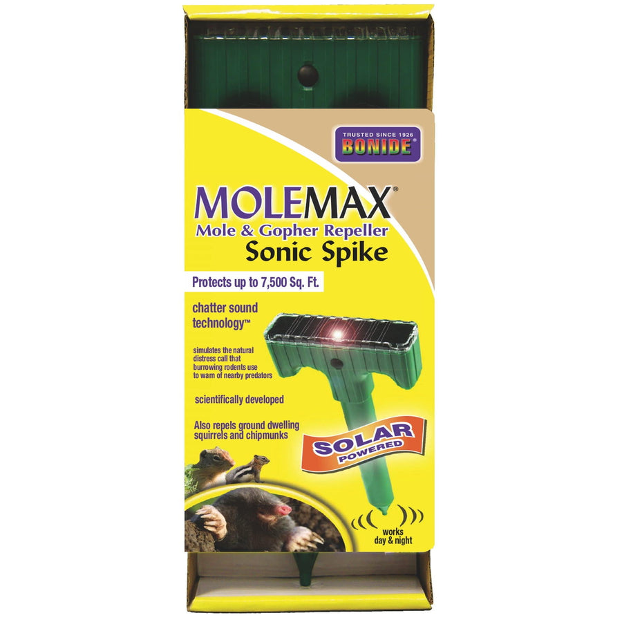 Boxed Bonide MoleMax mole and gopher repeller packaging with yellow front panel and image of green solar-powered sonic spike