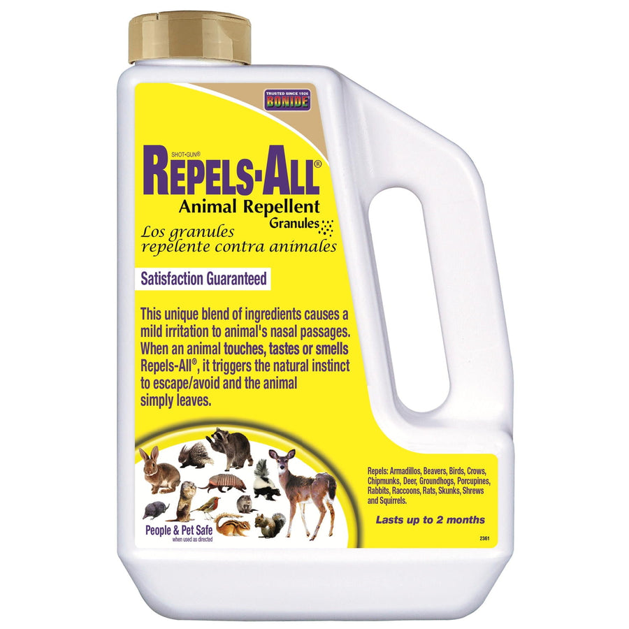 White plastic jug of Bonide Repels-All animal repellent granules with yellow label and animal illustrations