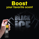 Promotional graphic with a hand spraying Little Trees Black Ice and large 'Boost your favorite scent' headline