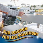 Person spraying Booyah Clean on boat upholstery in a marina setting with headline text about less pollution.