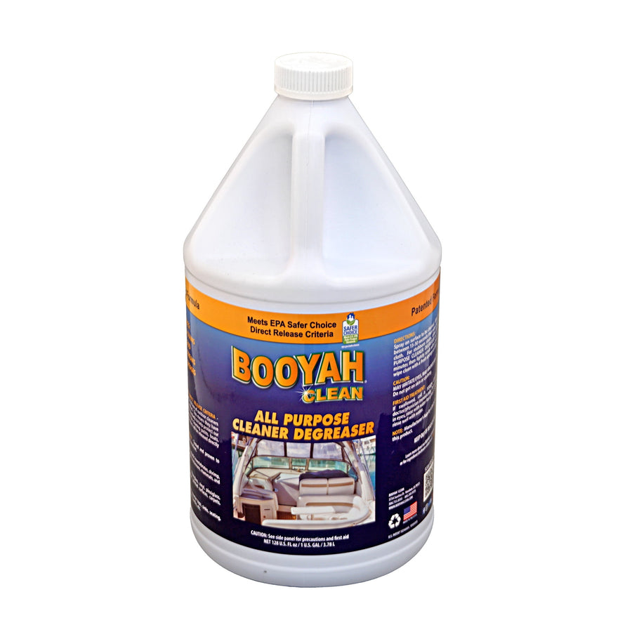 Studio photo of a Booyah Clean gallon bottle on white background displaying the blue and yellow product label.