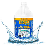 Gallon jug of Booyah Clean all purpose cleaner degreaser with water splash graphic on white background.
