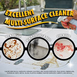 Promotional graphic showing sprayed surface with magnified circles of oil, soot, and fish blood stains and ‘Excellent Multi-Surface Cleaner’ text.