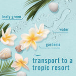 Illustrated fragrance notes with plumeria, shells and labels reading leafy green, water, gardenia