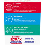Back panel of 20 Mule Team Borax box showing colored sections with laundry, bathroom and around-the-home instructions