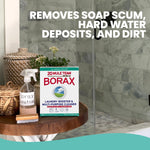 Box of 20 Mule Team Borax staged on a bathroom stool with spray bottle and brush, with text about removing soap scum