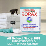 Box of 20 Mule Team Borax displayed on countertop with spray bottle, gloves and towel in a household scene