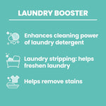 Teal infographic panel titled 'Laundry Booster' listing benefits like enhancing detergent power and removing stains