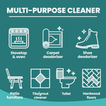 Teal 'Multi-Purpose Cleaner' infographic with icons for stovetop, carpet, shoes, patio, tile, toilet and hardwood uses