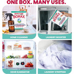 Four-panel collage showing uses of 20 Mule Team Borax for home cleaning, laundry booster, odor elimination and laundry stripping