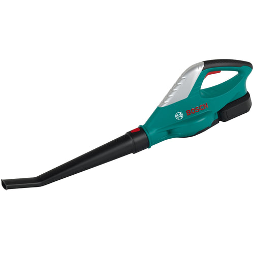 Teal Bosch-branded toy leaf blower with long black nozzle on white background