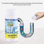 Bottle labeled 'Sink & Drain Cleaner' beside an illustrated U-bend pipe with granules clearing a clog.