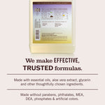 Back of a refill jug shown above text reading we make effective, trusted formulas and ingredient callouts