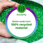 Circularity graphic showing hands holding green recycled plastic pellets with text 'Bottle made from 100% recycled material'