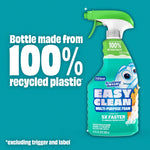 Graphic showing a Scrubbing Bubbles Easy Clean bottle beside large text stating 'Bottle made from 100% recycled plastic'