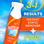 Promotional image of Bounce spray bottle with '3-1 Results' and 'Instant Static Remover + Plus' text on blue background