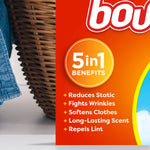 Close-up of a Bounce package corner showing a 5 in 1 benefits badge and a wicker laundry basket edge