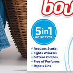 Close-up of a package corner showing Bounce logo and a blue '5 in 1 benefits' badge with a short bulleted benefits list.