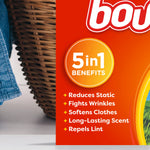 Close-up of a Bounce package corner showing the logo and a “5 in 1 benefits” badge with a bulleted benefits list.