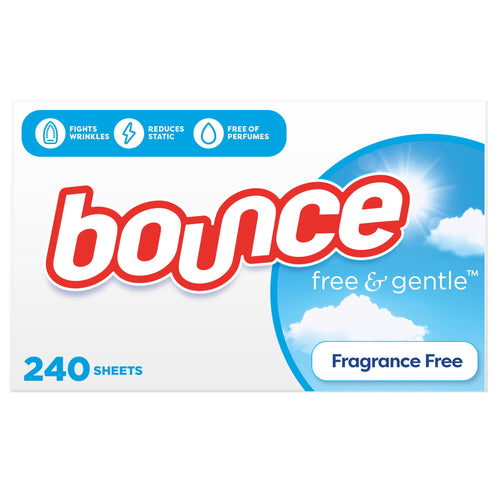 Front-facing box of Bounce Free & Gentle fragrance-free dryer sheets with sky and cloud graphic and 240 sheets text