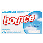 Bounce free & gentle dryer sheets package showing brand logo, cloud artwork and 240 sheets / fragrance free label