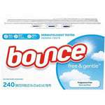 Front-facing Bounce Free & Gentle dryer sheets box with blue cloud graphic and '240 sheets' label