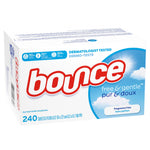 Box of Bounce Free & Gentle fragrance-free dryer sheets with blue cloud graphics and 240 count label