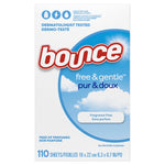 Front-facing box of Bounce Free & Gentle dryer sheets with blue cloud graphic and '110 sheets' label.