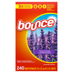 Bright orange Bounce box with lavender flowers and 'French Lavender' label, 240 sheets text visible