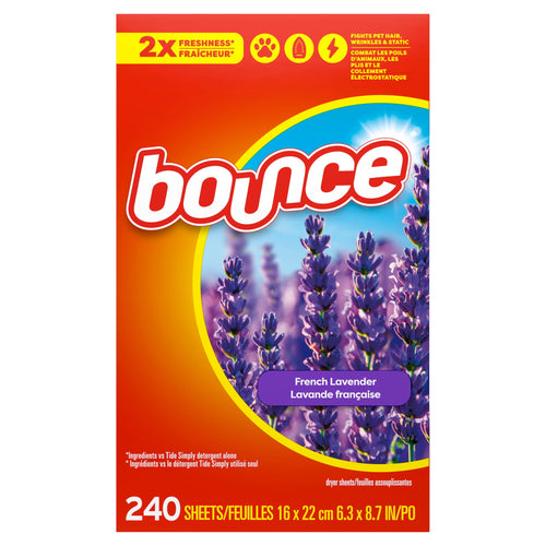 Bright orange Bounce box with lavender flowers and 'French Lavender' label, 240 sheets text visible