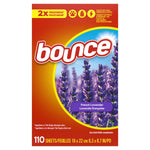 Front of a Bounce French Lavender dryer sheets box with lavender flowers and 110 sheets callout