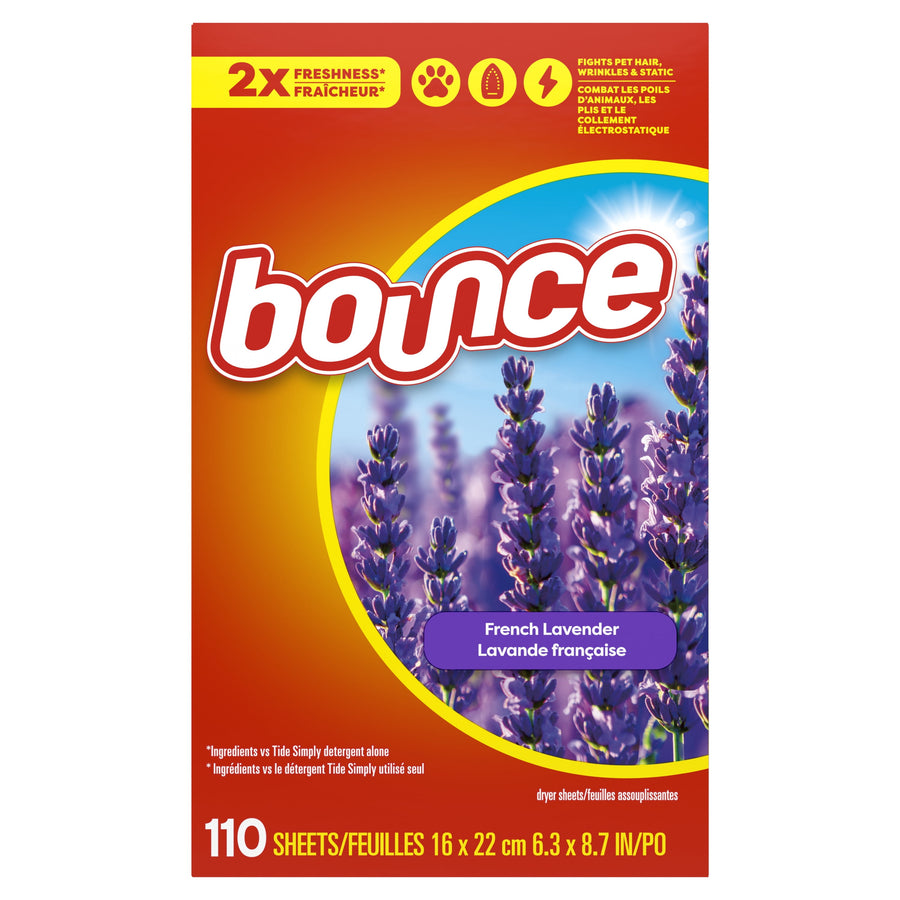 Front of a Bounce French Lavender dryer sheets box with lavender flowers and 110 sheets callout