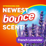 Promotional graphic with Bounce logo over lavender blooms and bold 'French Lavender' scent callout