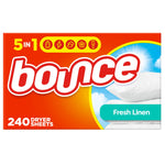 Close-up of Bounce Fresh Linen dryer sheets box showing logo, pillows and '240 dryer sheets' copy