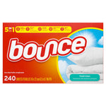 Wide view of Bounce Fresh Linen dryer sheets packaging with logo, folded linens and '240 sheets' text
