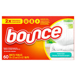 Wide flat-lay of a Bounce Fresh Linen box showing brand logo, bedding image and 60 sheets count on orange packaging