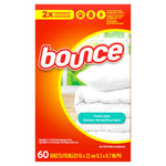 Front-facing box of Bounce dryer sheets in orange packaging labeled Fresh Linen with stacked white bedding image